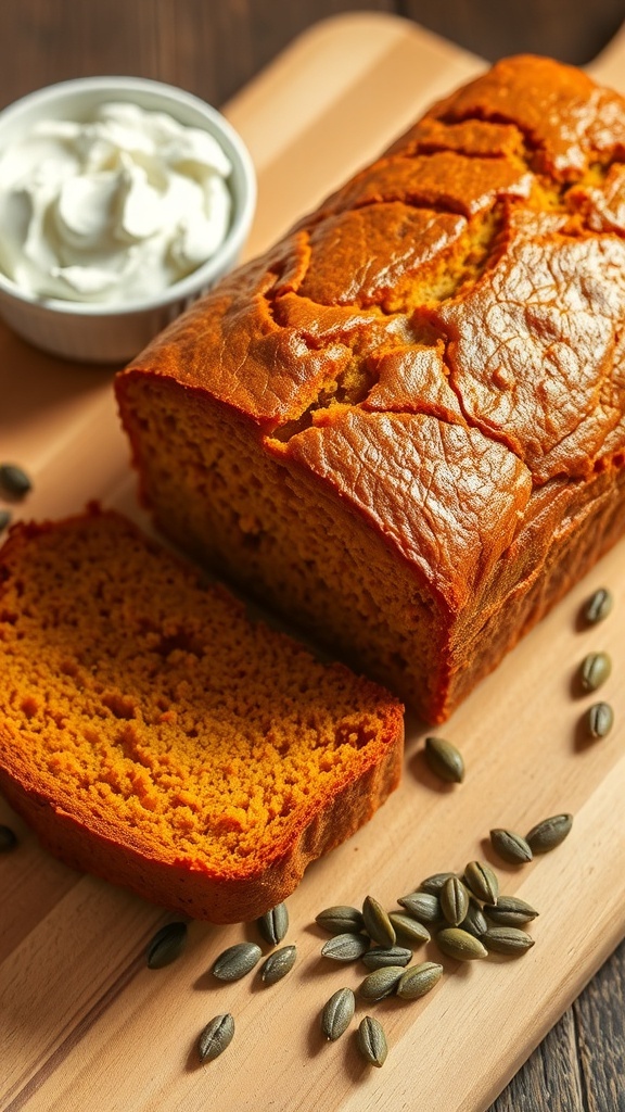 Easy Pumpkin Bread Machine Recipe A golden-brown loaf of pumpkin bread on a wooden board, with pumpkin seeds and cream cheese spread.